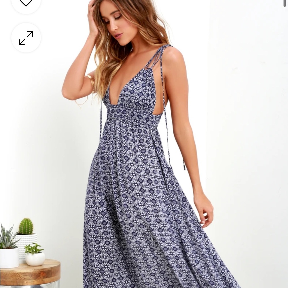 Lulu’s Field Day Navy Blue Print Tie-Strap Maxi Dress